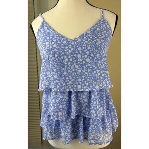 Sienna Sky Blue Floral Tiered Tank Top Spaghetti Strap Lined Summer Size S